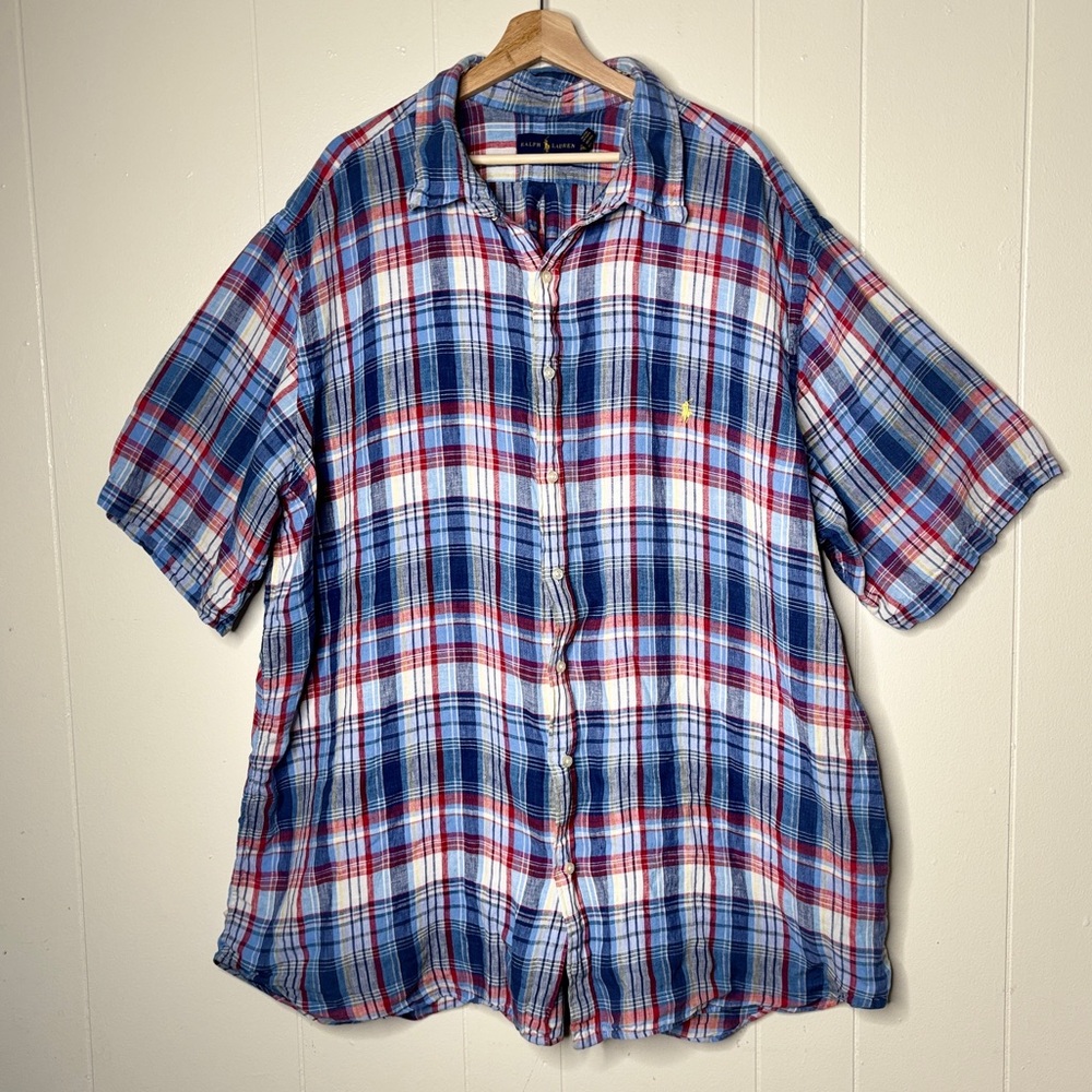 Ralph Lauren Men's Linen Blue and Red Plaid Shirt